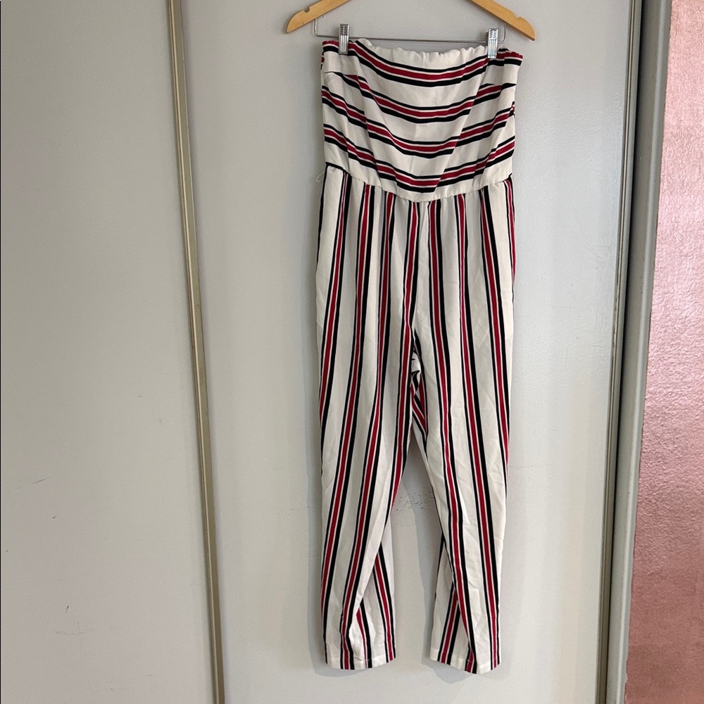 Express Strapless Vertical Stripe Jumpsuit in White, Black & Red